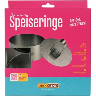 DECOCINO Speiseringe 4er-Set mit Presse - Ø 10cm, 4cm Höhe - Edelstahl Dessertringe zum Backen, Formen und Schichten von Desserts, Burger Pattys uvm.