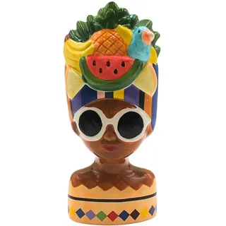Dekohelden24 Blumenvase, Dekovase, Pflanzenvase, Tischvase, Gesichtsvase, Blumentopf Frau mit Sonnenbrille und Obst, dekorativer Pflanztopf aus Keramik, in bunt, Größe: L/B/H 10 x 10 x 20 cm.