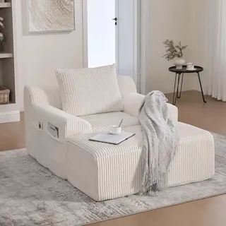 AIORBER XXL Cord Sessel Lesesessel mit Kissen, Relaxsessel 1-Sitzer mit Seitentaschen, weich gepolstert, ohne Montage, moderner Loungesessel Beige - Beige