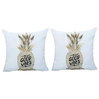 LoveLegis 2 Kissenbezüge quadratisches Kissen - 44 x 44 cm - dekoratives Kissen - Leinen - Sofa - Bett - Zuhause - Schlafzimmer - Möbel - Ananas - Obst - Gute Stimmung - Golddruck - weiße Farbe