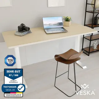 veska Höhenverstellbarer Schreibtisch (140 x 70 cm) - Sitz- & Stehpult - Bürotisch Elektrisch Höhenverstellbar mit Touchscreen & Stahlfüßen - Weiss/Bambus