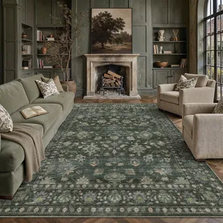 PureCozy Teppich Wohnzimmer 200x300cm Waschbarer Teppiche,Grün | Blumenmuster,Waschbar, Rutschfest, Kurzflor, Weich, Schlafzimmer, Esszimmer, Büro, Flur, Kinderzimmer