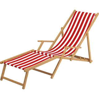 Liegestuhl rot-weiß Strandliege Sonnenliege Relaxliege Deckchair Buche hell Fußteil 10-314 N F - Rot, Weiß