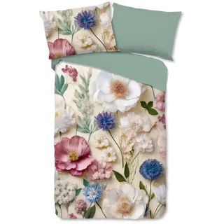 Wendebettwäsche , Multicolor, Weiß, Perlmutt, Salbeigrün , Textil , Blume , 140x200 cm , Oeko-Tex® Standard 100 , weiche und anschmiegsame Oberfläche , Heimtextilien, Bettwäsche & Leintücher, Bettwäsche, Biber-Bettwäsche