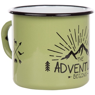 MUGSY Emaille Tasse mit Spruch The Adventure Begins, 330 ml, Camping Tasse, Camping Ausrüstung, Retro Design I Grün