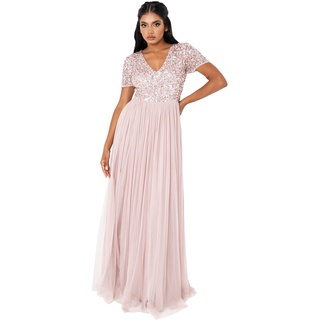 Maya Deluxe Damen Ballkleid Abendkleid V-ausschnitt Maxi Länge Pailletten Kurze Ärmel Für Hochzeit Geburtstag Brautjungfer Bridesmaid Dress, Frosted Pink, 38 EU