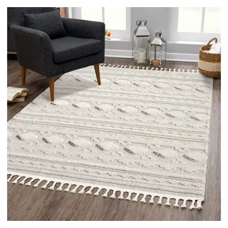 Carpet City Teppich Boho Wohnzimmer - Creme - 160x230 cm - Geo-Muster - Relief-Optik, 3D-Effekt - Cut-&Loop, Sisal - Moderne Fransen-Teppiche Schlafzimmer