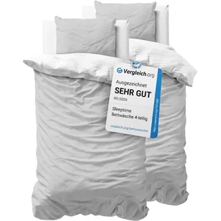 Sleeptime Bettwäsche 4-teilig 100% Baumwolle – atmungsaktiv & hautfreundlich – Oeko-TEX® geprüft, Reißverschluss, pflegeleicht – 2X Bettbezug 155x220 cm + 2X Kissenbezug 80x80 cm – Weiß Grau