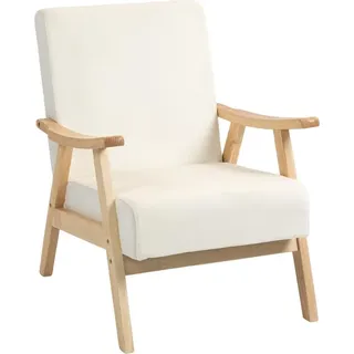 Sessel Relaxsessel mit Armlehne, Sitzkissen, Gepolstert Loungesessel mit Holzrahmen, Armlehnensessel mit Samt-Optik, Polstersessel für Schlafzimmer - Weiß