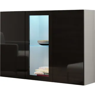 Furniture24 Kommode Vigo 3 türiger Wohnzimmerschrank Sideboard Hängeschrank mit Led Beleuchtung Weiß/Schwarz Hochglanz - Schwarz