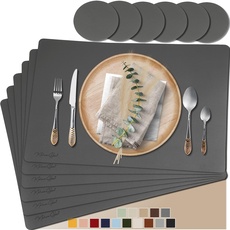 Mahewa® 6er Set Premium Tischset aus Leder-Imitat - Kunstleder Platzset abwaschbar und wasserdicht - Platzdeckchen Telleruntersetzer in Lederoptik Grau