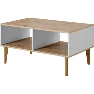 BERGEN Bank, WEISS, Skandinavischer Stil, Couchtisch, 100x60x48, Sofatisch, Couchtisch, Beine aus Buchenholz natur Artisan eiche - Weiß