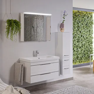 Bad Set, 3 teilig mit Midischrank, LED Beleuchtung, weiß Glanz BUDVA-66, B/H/T ca. 137/200/49 cm - Weiß