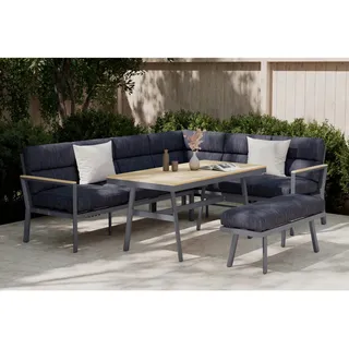 Ambia Garden Dining-Loungeset , Grau, Naturfarben, Dunkelgrau , Metall, Kunststoff, Textil , 4-teilig , Füllung: Schaumstoff,Polyester , Gartenmöbel, Gartengarnituren, Gartenmöbel-Sets