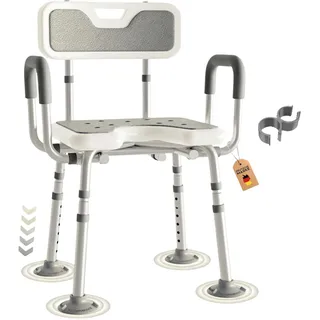 RMAN Duschhocker für Senioren mit Rückenlehne und Armlehnen, Grau | Duschstuhl, 6-fach höhenverstellbar, Aluminiumrahmen, rutschfeste Füße, bis 150 kg belastbar