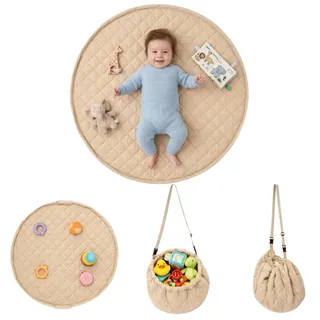 ZURMATRADE Krabbeldecke rund 110cm – Extra Weich, Dick Gepolstert, Waschbar, Schadstofffrei, Spieldecke für unterwegs, Zusammenziehbar, mit abnehmbaren Tragegriff, Spielmatte beige, Spielunterlage