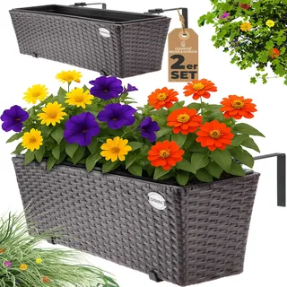 CASARIA® Blumenkasten 2er Set 11 Liter Montagehalterung Indoor Outdoor Geländerkasten Balkonkasten Pflanzkasten braun