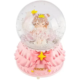 Ieron Rotierende Schneekugel mit Prinzessinnen-Motiv, mit funkelnden Lichtern, Musik und Sockel, 8 cm, Glaskugel-Dekoration, Spieluhr (Sockel mit rosa Kleidsaum)
