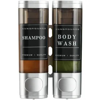 Unisence Shampoo- und Spülungsspender, 2 Kammern, kein Bohren, Wand-Shampoo-Spender für Dusche, Wandmontage, Körperwaschspender für Badezimmer, Hotel, großes Fassungsvermögen, Silber