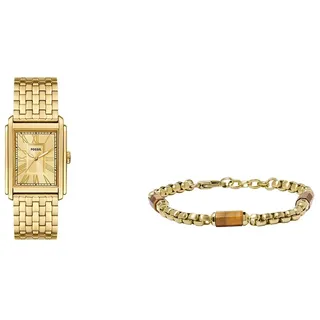Fossil Herrenuhr Carraway und Komponentenarmband All Stacked Up - Dreizeigeruhrwerk, goldfarbener Edelstahl und braunes Tigerauge-Armband
