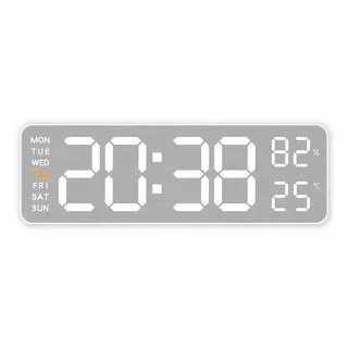 Lancoon Elektronische LED Wanduhr mit 3 Helligkeitsstufen Auto Dimmer Gebürstetes Metall Temperatur Luftfeuchtigkeit Datum Woche Dual Alarm für Wohnzimmer Dekor Büro