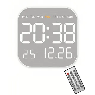 Lancoon Elektronische Wanduhr mit Gebürstetem Metall Quadratische Countdown-Funktion Fernbedienung 10 Stufen der Helligkeit Anpassung Temperatur Datum Woche für Wohnzimmer Home