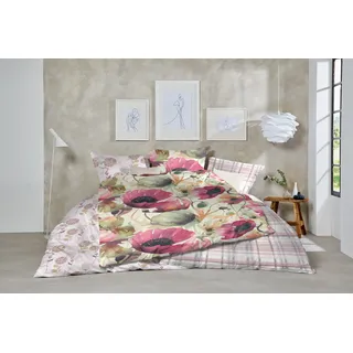 Primera Edelflanell Bettwäsche 135x200 Blumen Mohn grün rosa natur 174148-52 - Grün, Rosa