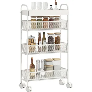 HOMCOM Rollwagen, Küchenwagen mit 4 Ebenen, Servierwagen mit Rollen, 3 Ausziehkörben, oberer Ablage, Griffen, Schmal Aufbewahrungswagen für Wohnzimmer Küche Bad Büro, Metall, Weiß, 43,2 x 19 x 80 cm - Weiß