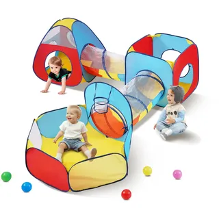 Vevor 5-in-1-Spielzelt mit Tunnel, Basketballkorb für Jungen, Mädchen, Babys und Kinder, Pop-Up-Spielhaus für drinnen und draußen mit Tragetasche und Spanngurten, Geburtstagsgeschenke, Rot/Gelb/Blau