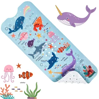 Baby Badematte für Kinder Kleinkinder 100 x 40cm, rutschfeste Badewannenmatte mit 200 Starken Saugnäpfen & Schnelltrocknungslöchern, Weiches PVC mit Meerestier Cartoon Design für Jungen Mädchen