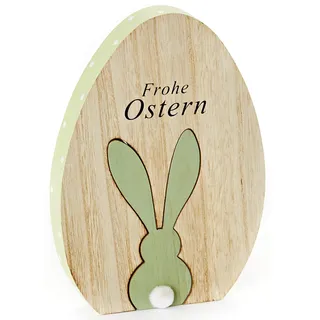 Heitmann Deco Osterei aus Holz - Deko-Ei mit Hase und Schriftzug Frohe Ostern - Dekofigur - Tischdeko für Ostern und Frühling - Natur/Grün