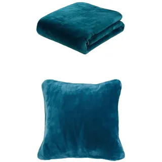 Gözze Premium Cashmere-Feeling Decke und 2er Set Cashmere-Feeling Kissen, 130x170 cm + 50x50 cm, Farbe: Petrol