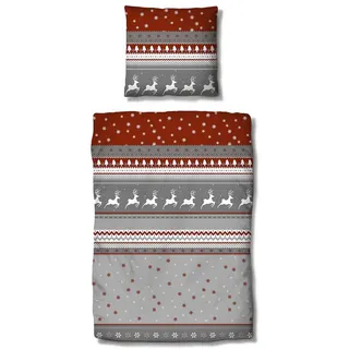 Traumschlaf Biber Bettwäsche Winterland rot – warme & kuschelige Winterbettwäsche – 100% Baumwolle – flauschig & hautsympathisch – Wintermotiv mit Hirschen & Schneeflocken – 140x200 cm + 70x90 cm