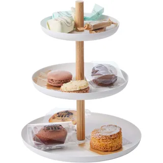 Yamazaki Tosca 3-stöckiger Dessertständer aus Stahl - mit Holzakzent, Etagere mit 3 Etagen - 20 x 20 x 24 cm, Japanisches Design, weiß