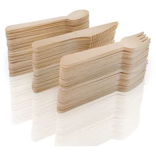 MCE-Commerce Holzbesteck 50 x Holzgabel, 50 x Holzmesser, 50 x Holzlöffel aus Birkenholz A5301150 Braun