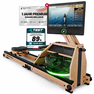 Sportstech AquaElite, Wasser Rudergerät für zu Hause, authentisches Rudererlebnis, Cardio Ganzkörpertraining, Massivholz, klappbar, 10,1" oder 21,5" Display, inkl.12 Monate App Premium-Mitgliedschaft