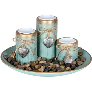 levandeo Teelichthalter Set B25cm Holzteller Tischdeko Grün Gold Shabby Chic Vintage Deko Landhausstil Teelichtset