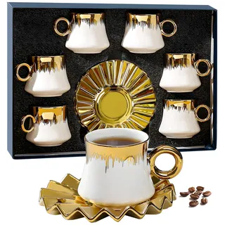 6PCS Teeservice für Porzellan Europäisches, 100 ML Keramik Kaffeeservice mit Kaffeetassen und Untertassen, Tee Service für Nachmittagstee, Boutique Teeservice aus Porzellan, Kaffee Set, Geschenk-Box