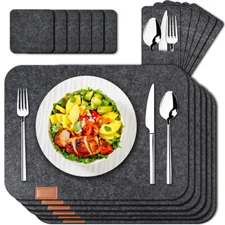 Tischset aus Filz 18er Set, 6 Tischsets Abwaschbar Platzsets Hitzebeständig rutschfest Platzdeckchen mit 6 Untersetzer 6 BestecksäCken für Küche Speisetisch, 41x30 cm 【Anthrazit】