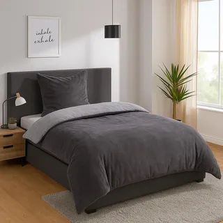 Heimtexland Teddy Flanell Wende Bettwäsche Set I Winter Bettbezug I kuschelig weich und warm I Kopfkissen 80x80 I Bettdecke 155x220 I Cashmere Touch Geschenkidee Weihnachten Typ751 Anthrazit - Dunkelgrau