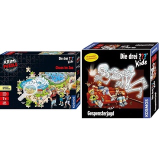 Kosmos 697990 - Krimi Puzzle: Die DREI ??? Kids - Chaos im Zoo, Leuchtet im Dunkeln. 150 Teile, inkl. kleine Lupe, Lesen - Puzzeln - Rätsel lösen& Spiele 697686 - Die DREI ??? Kids - Gespensterjagd