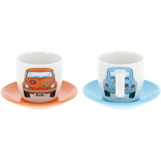 BRISA VW Collection - Käfer Espresso Tassen 2er Set Keramik | Volkswagen Cappuccino Kaffeetassen 100 ml, 2 Tassen 2 Untertassen Unterteller Spülmaschine Küche Camping, Orange/Blau
