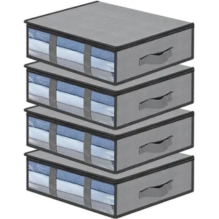 AiQInu Unterbett Aufbewahrungsbox,4 Stück Unterbettkommode mit Sichtfenster und 4 Haltegriffen 60x 45x 15 cm, Faltbare Unterbett-Aufbewahrungstasche Kleideraufbewahrung für Kleidung Decken Bettdecken