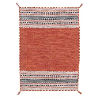 Teppich CARPETFINE "Kelim Azizi, auch als Läufer erhältlich" Gr. 2, orange, B:80cm H:5mm L:150cm, Baumwolle, Teppiche, Teppich, handgewebt, Baumwolle, Wendeteppich mit Fransen, Fleckerl, Wohnzimmer