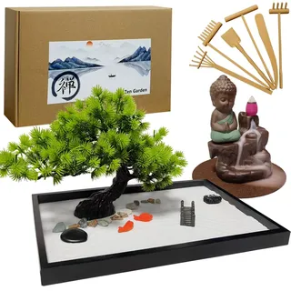 LuXianYS Zen Garten Set, Handgefertigtem Backflow Incense Burner, Sand Miniatur Geschenk Set, Japanischer Zen-Garten, Steine Garden, Mini-Zen-Garten mit Sand, künstliche Bonsai-Baum