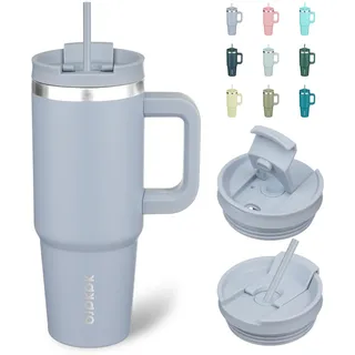 BJPKPK Becher mit Griff, Edelstahl, isoliert, mit Deckel und Strohhalm, für Wasser oder Eiskaffee, modernes Blau