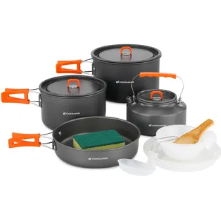 Odoland Camping Geschirr Set 15 Teilig, Outdoor Kochgeschirr Set mit 2 Topfe, Bratpfanne und Wasserkocher Camping Kochtopf Set, Kochgeschirr Aluminium für 4-5 Personen