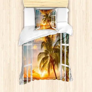 ABAKUHAUS Strand Mantele, Sea Ocean Palms Landschaft, Milbensicher Allergiker geeignet mit Kissenbezügen, 135 cm x 200 cm - 80 x 80 cm, Mehrfarbig