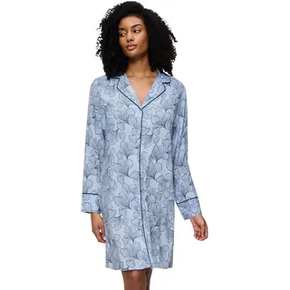 Nachthemd TRIUMPH "Boyfriend Fit NDW", Damen, Gr. 36, N-Gr, blau combina, Stoff, Obermaterial: 100% Viskose, bedruckt, unifarben, bequem kniefrei, tiefer V-Ausschnitt, Kleider Nachthemd, mit durchgehender Knopfleiste, lange Ärmel, Kragen, legere Passform
