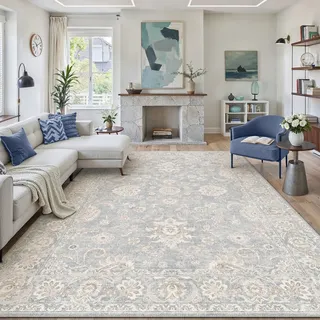 PureCozy Blau Teppich Wohnzimmer 200x300cm Schlafzimmer Teppiche Waschbarer rutschfest Boho Vintage Groß Carpet Wohnzimmerteppich Esszimmer Büroteppich Retro kurzflor Weich Carpets